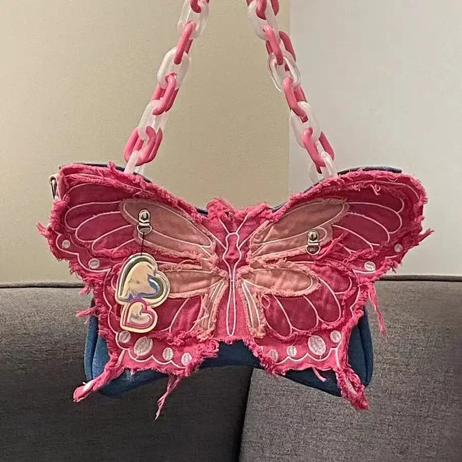 

Denim butterfly contrasting acrylic chain single shoulder crossbody bag