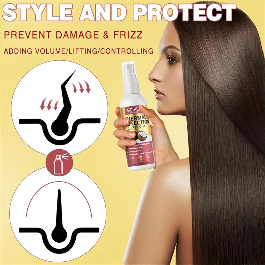 Hair Protection Spray GOIPLE 100ml Heat Protection Spray Thermal Protector Essence Oil for Fragile Hair Nourishes Leave-in Conditioner for Dry Damaged