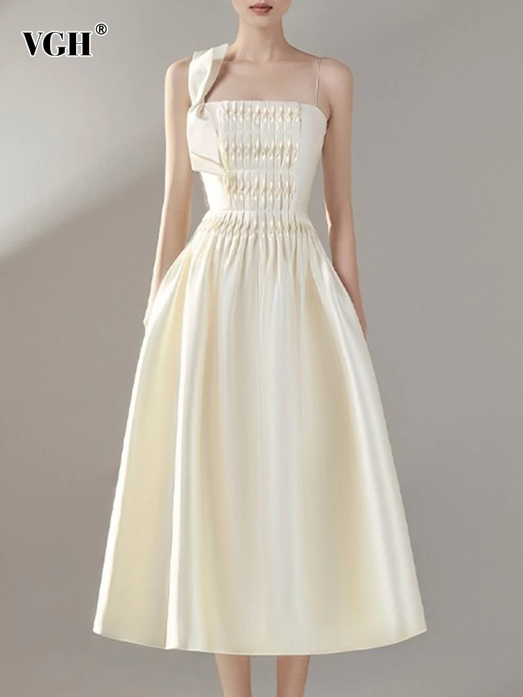 

VGH Elegant Soild Dresses For Women Square Colalr Sleeveless Off Shoulder Backless Spliced Bow Folds Camisole Dress Female New