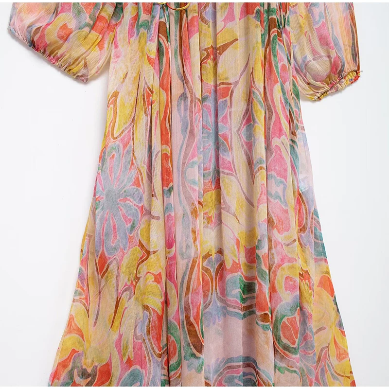 Retro Print Elegant Pleated Lantern Long Dress Sleeve V-neck Single Breasted Dress A-line Casual High Waist Women Summer Robe