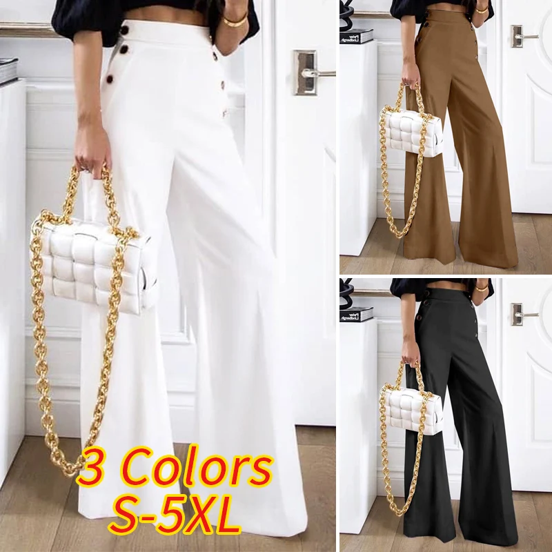 Calças de Escritório Vonda Moda Feminina Femme Perna Larga Calças Cintura Alta Palazzo Pantalon Casual Sólido Rua Botão up Nabo 6 Computers & Electronics