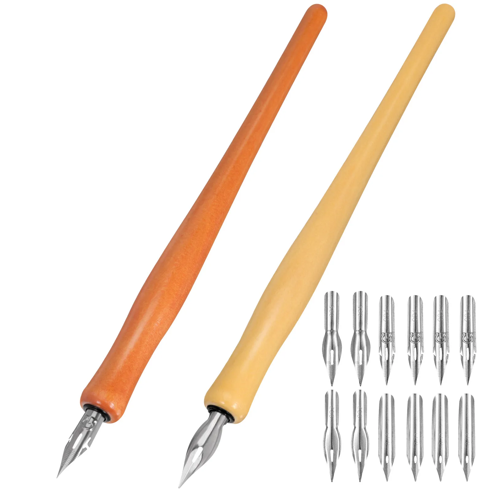 1세트 고급 딥펜 세트 원목 막대 스테인리스 스틸 플랫 닙스 벤트 팁 인체공학적 그립 서예 드로잉 레터링용