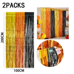 Rainbow Foil Fringe Curtains - Tinsel Metallic Streamers for Vibrant Party Decorations, Set of 2 (Gold orange black)