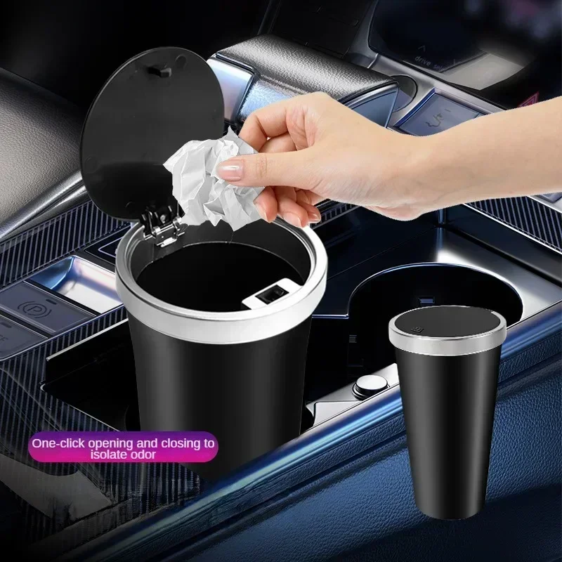 Compact Leakproof Mini Car Trash Can with Pop-Up Lid Odor Blocking Waterproof ABS for Cup Holders Storage