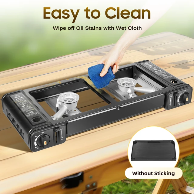 2in1 2-Burner Portable Camping Stove, Butane Camping Stove Kit w/Baking Pan and Carrying Case, Auto Ignition Camping Burner LPG 2