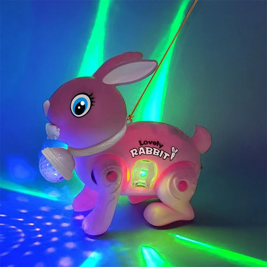 New Electric Little Rabbit Toy Traction Rope Luminous Baby Learning Crawling Toy 3d Light Projection Music Jumping Rabbit Toy 6