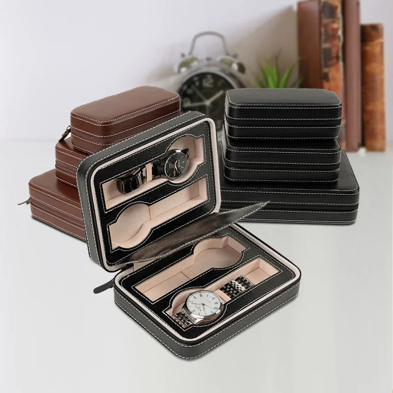 Watch Box Storage Case Display 2/4/8 Slots Dustproof Embedded Zipper Portable PU Leather for Trips and Gifts
