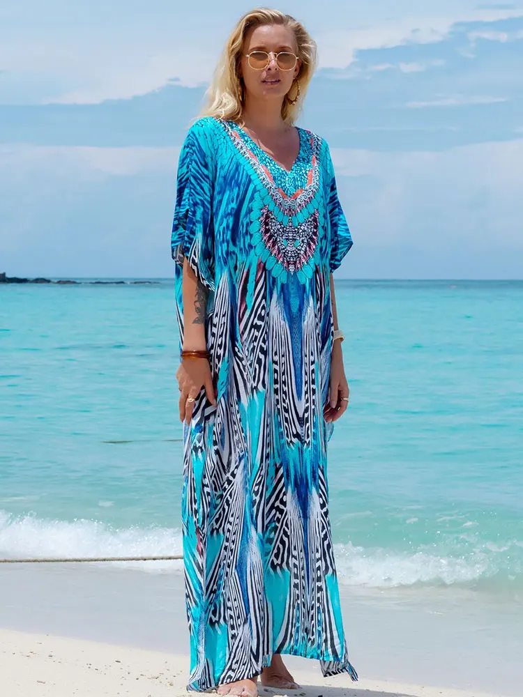 Bohemian Seaside Plus Size Print Kaftan Maxi Dress V Neck Slit Loose Robe Women 2023 Summer Beachwear Swimsuit Cover-ups Q1415