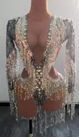 STOCK Shining Rhinestones Long Sleeve Tassel Stretch Bodysuits Women Nightclub DJ Clothing Stage Singer Performance Costume - Image 3