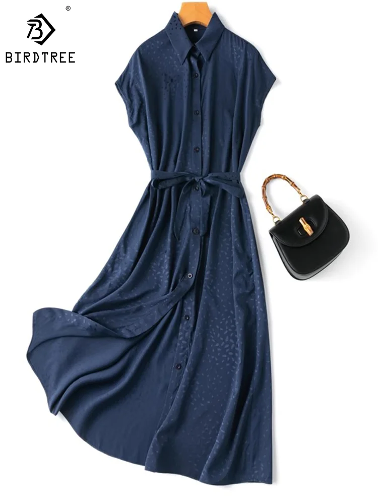

Birdtree 20 MM 92%Mulberry Silk 8%Spandex Dress Women Jacquard Light Raindrop Belt Waist Long Shirt Midi Dress Summer D37646QM