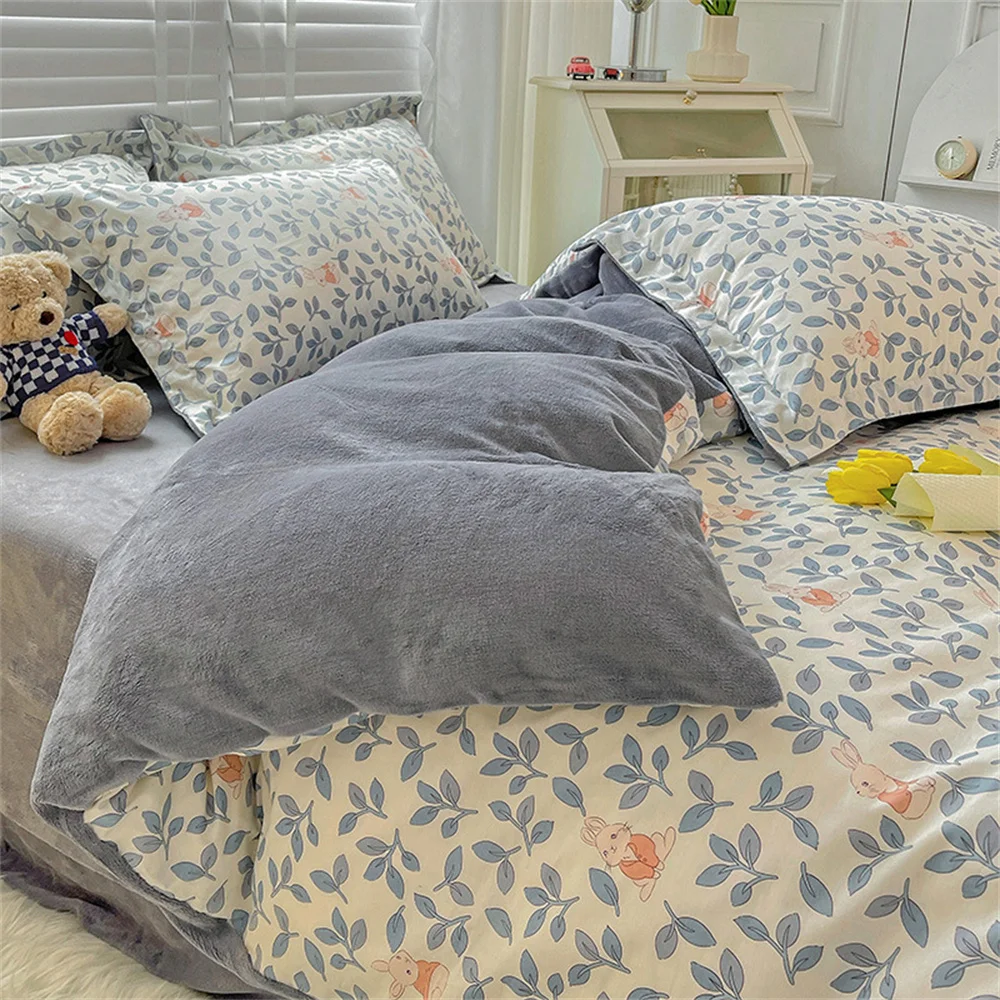 

Bedding Set Quilt Cover Sheet Pillowcase Four-piece Set A Side Cotton B Side Milk Velvet Winter Thickening Warm Bedding
