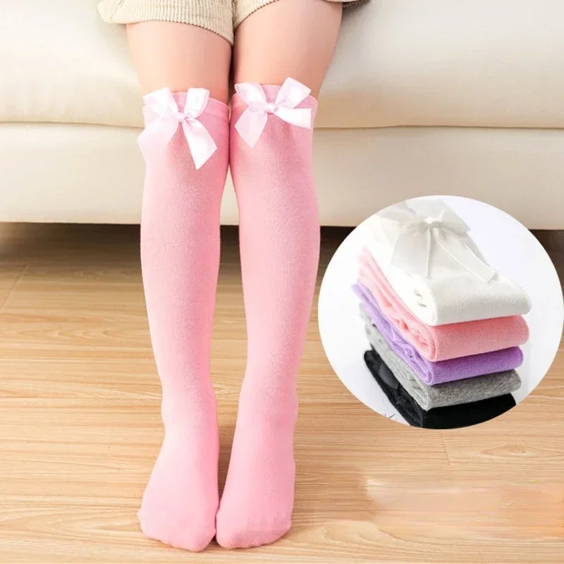 40 cm Kids Socks Big Bow Knee High Socks Soft Cotton Lace Bowknot Girls Long Tube 5-8 Years