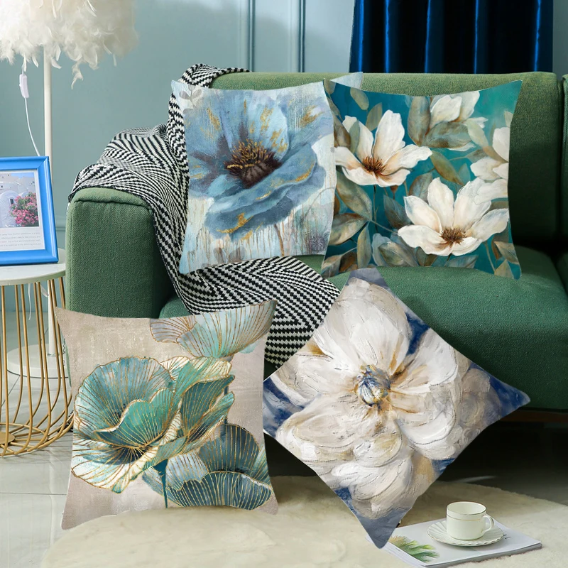 

New Hand Painted Flowers Gold Lines Drawing Blue Pillow Cover Pillowcase Sofa Bed Couch Cushion Home Decor Sofa Pillowslip