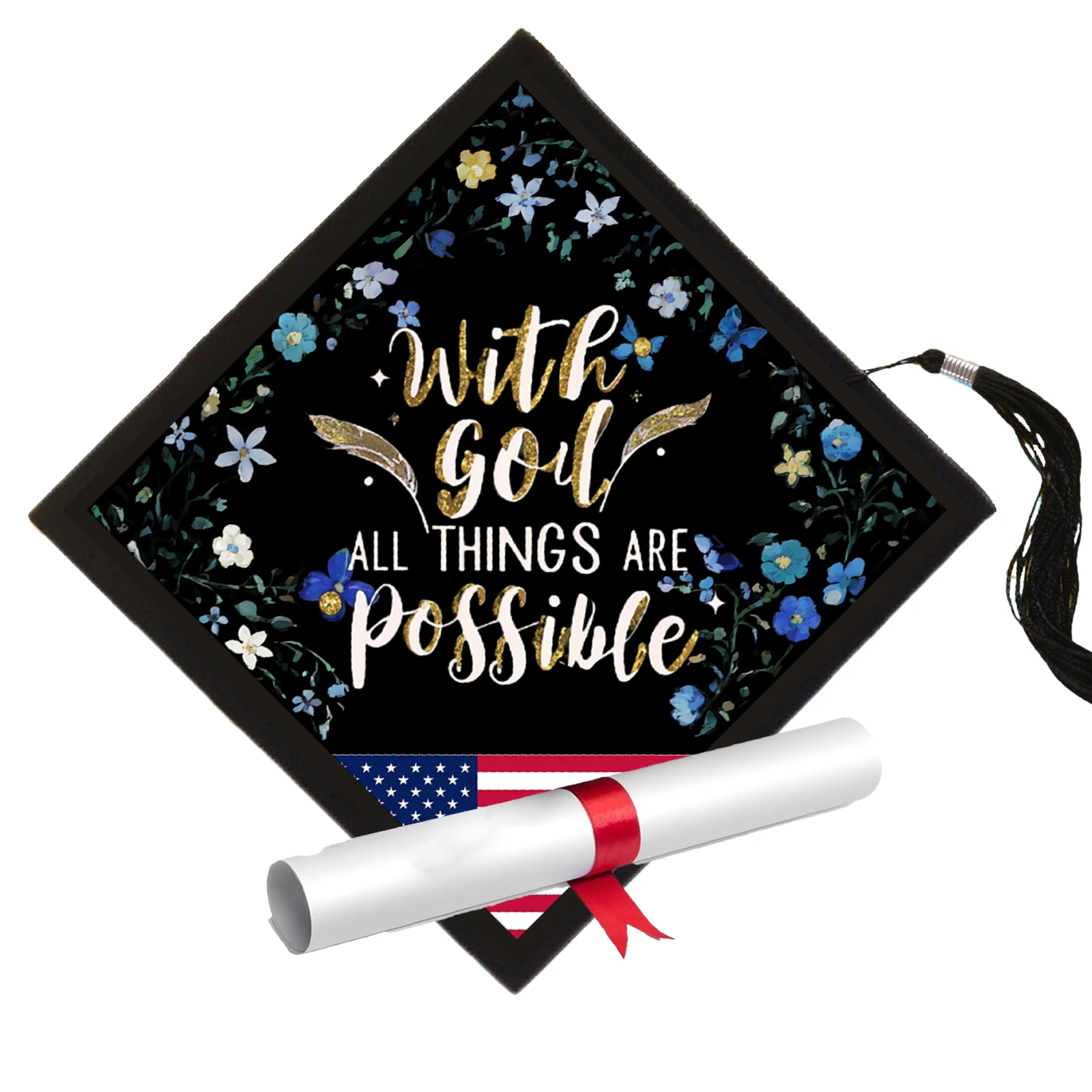 

Graduation Cap Topper Motivational Quote With God,All Things Are Possible Graduation Party Decorations