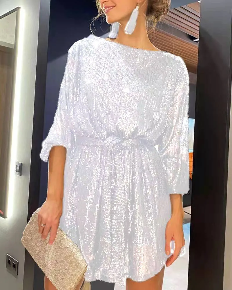 Sparkly Puff Long Sleeve Party Dress with Belt for Women Glitter