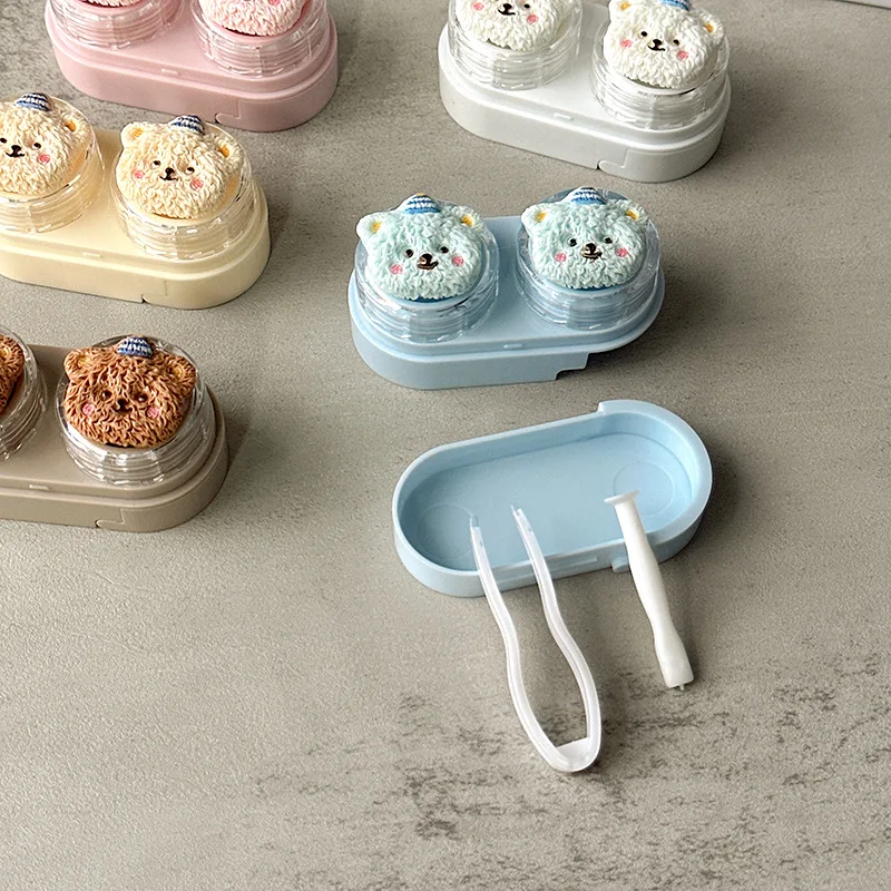 핀셋이 포함된 작은 곰 콘택트 렌즈 케이스 귀여운 눈 관리 콘택트 렌즈 컨테이너 박스 여행용 키트 안경 액세서리 정리함