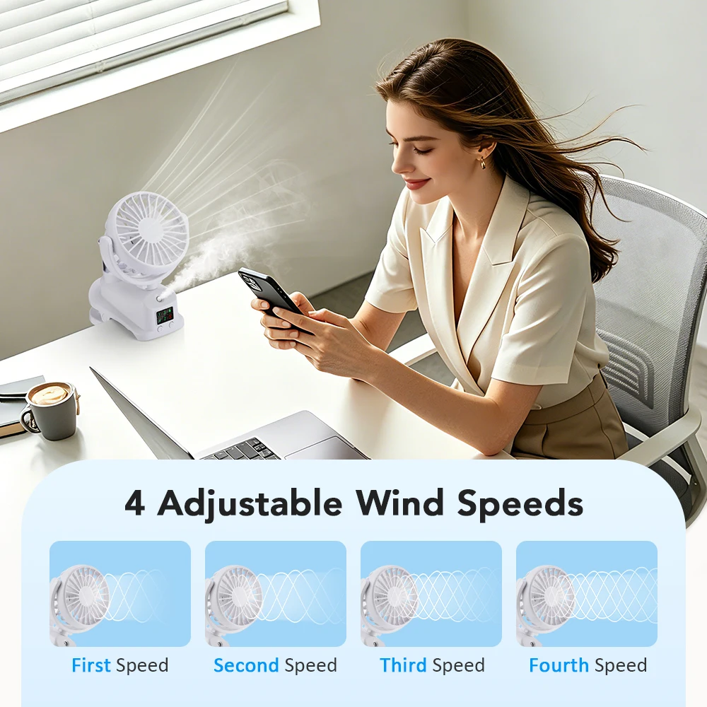 Tragbarer Mini-Luftkühler mit Clip, 4 Geschwindigkeitsstufen, USB-Anschluss und Luftbefeuchter für Auto, Schreibtisch und Camping, 360° drehbarer Nebelsprühventilator (Modelljahr 2026)_voghion.com