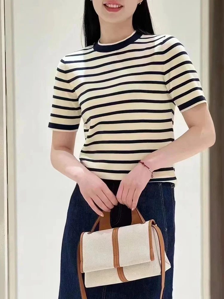 

Футболка женская трикотажная в полоску, с коротким рукавом и круглым вырезом