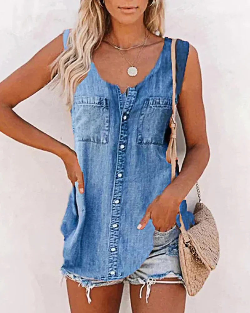 

Denim Look Print Buttoned Tank Top Women Sleeveless Camis Vest Tanks Tops Summer Sexy