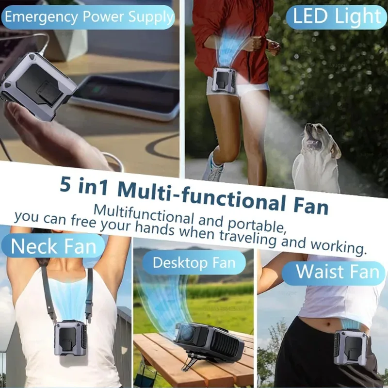 NEW Neck Waist Desk Fan USB Rechargeable With emergency Charging Flashlight Stand for Summer Travel Camping Hiking Large Battery