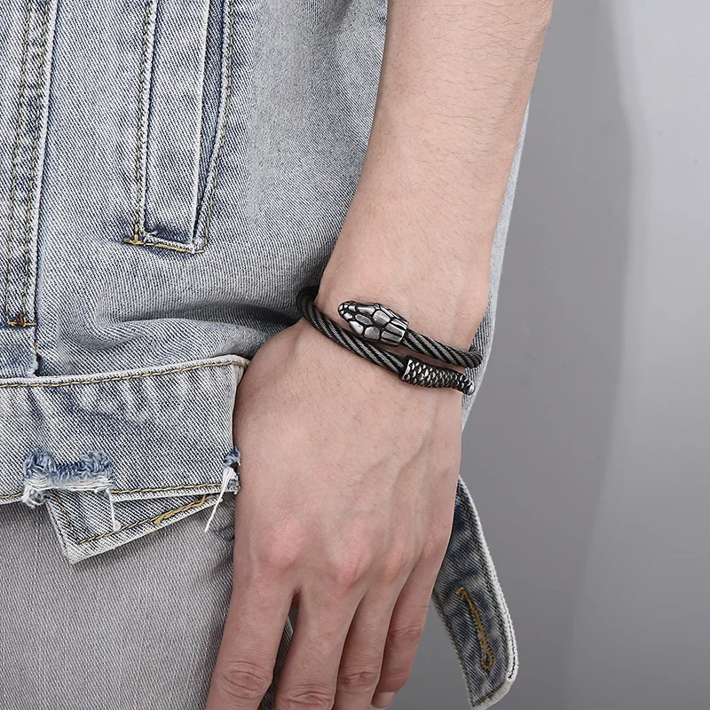 Fongten Punk Animal Snake Men's Spiral Twisted Chain Bracelets Stainless Steel Cable Bracelets For Men Gothic Bangle Jewelry bangle bracelet stainless steel bracelet chain bracelet