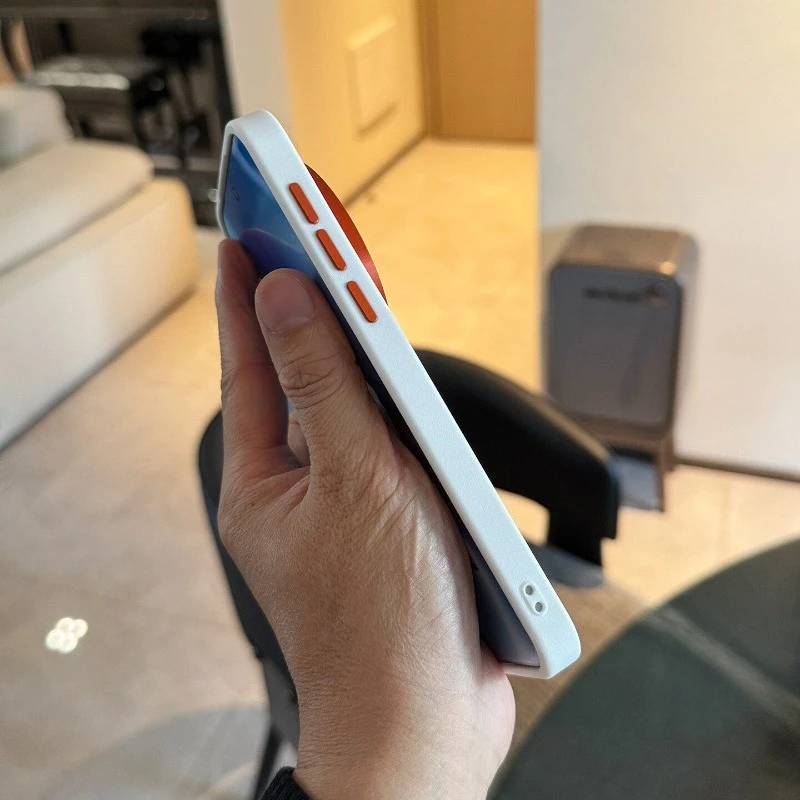 Luxury Metal Button Leather Phone Case with Wireless Charging and Shock Absorption