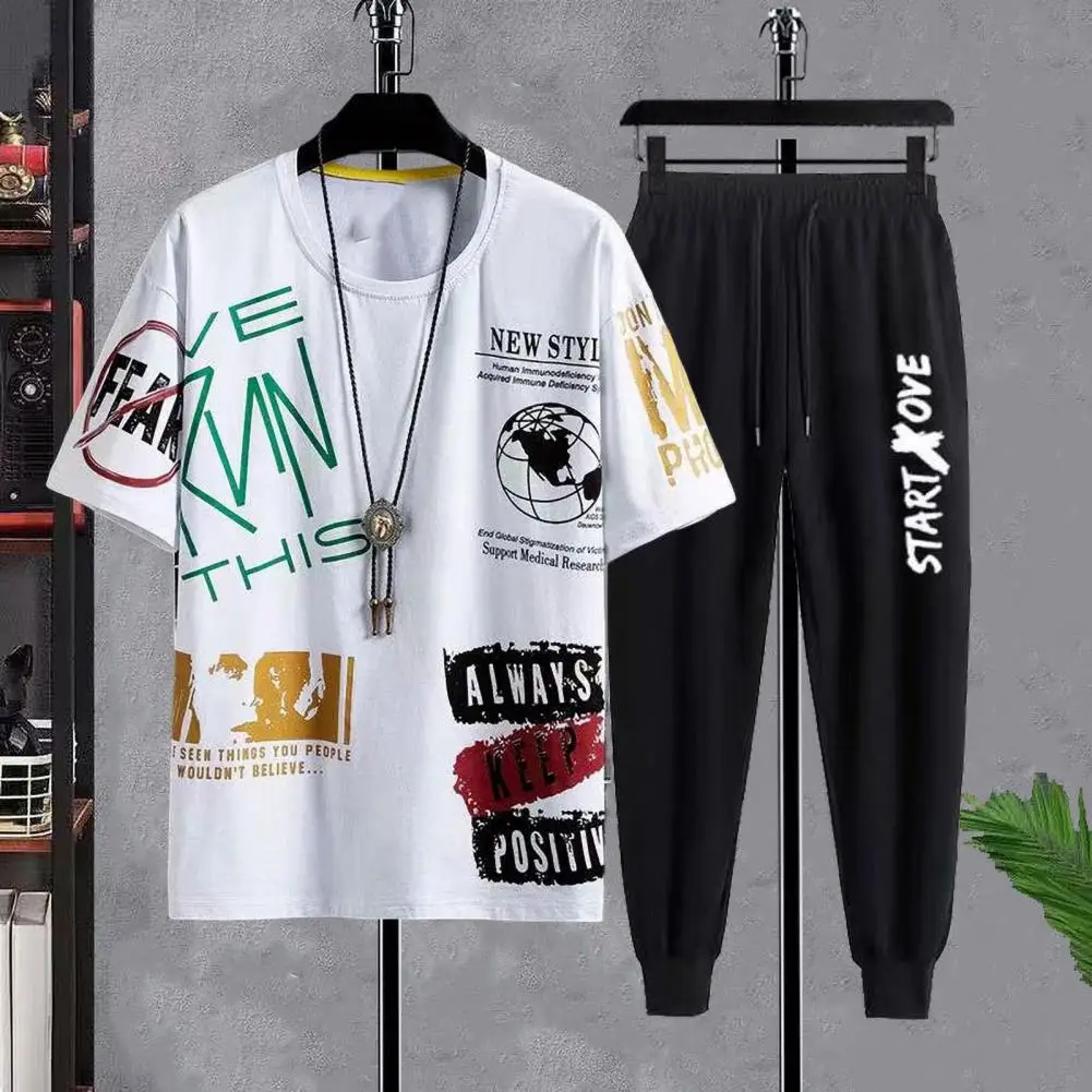 

Breathable Athletic Clothing Men's Sportswear Set Round Neck T-shirt Elastic Waist Shorts Sweatpants Stylish Tracksuit