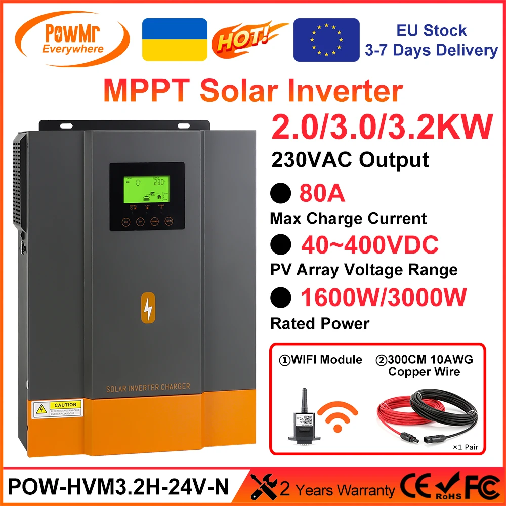 Powmr 2Kw 3.0Kw 3.2Kw Inverter Solare Ibrido 12V 24V A 230V Mppt 80A Uscita Inverter Ibrido Fotovoltaico Con Cavo Solare O Wifi