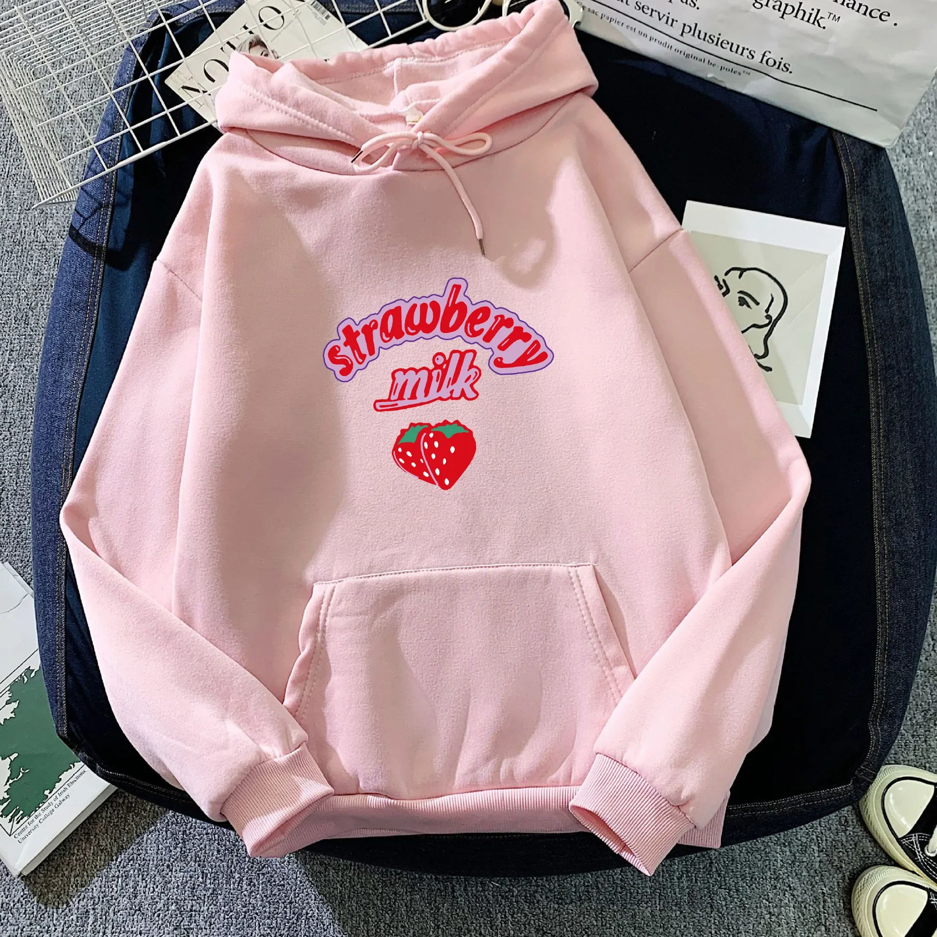 New Autumn Winter Strawberry Letter Print Hoodie Unisex Trendy