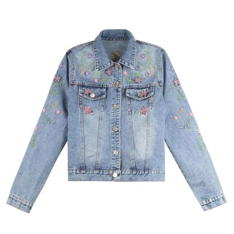 

2023 Spring Denim Coat Female Loose Retro Harajuku Embroidery New Style Fashion Korean Button Jacket Blue Elegant Short Top