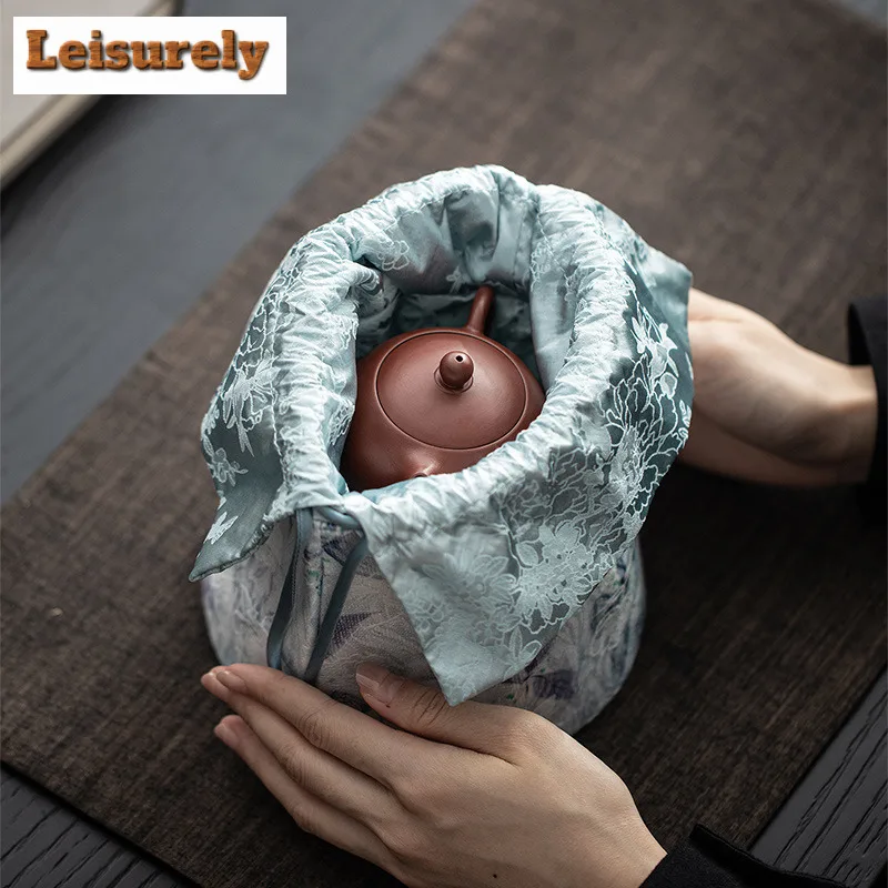 Blue Butterfly Drawstring Bucket Bag Fabric Tea Cozies Elegant Tea Cozy For Teapot Hand Bag Travel Tea Set Bag Chinese Tea Set
