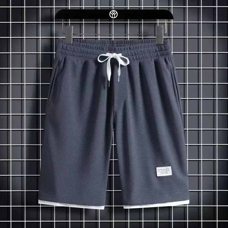 2024 Summer New Straight Pants Minimalist Men's Solid Color Drawstring Elastic High Waisted Spliced Pockets Loosecasual Shorts
