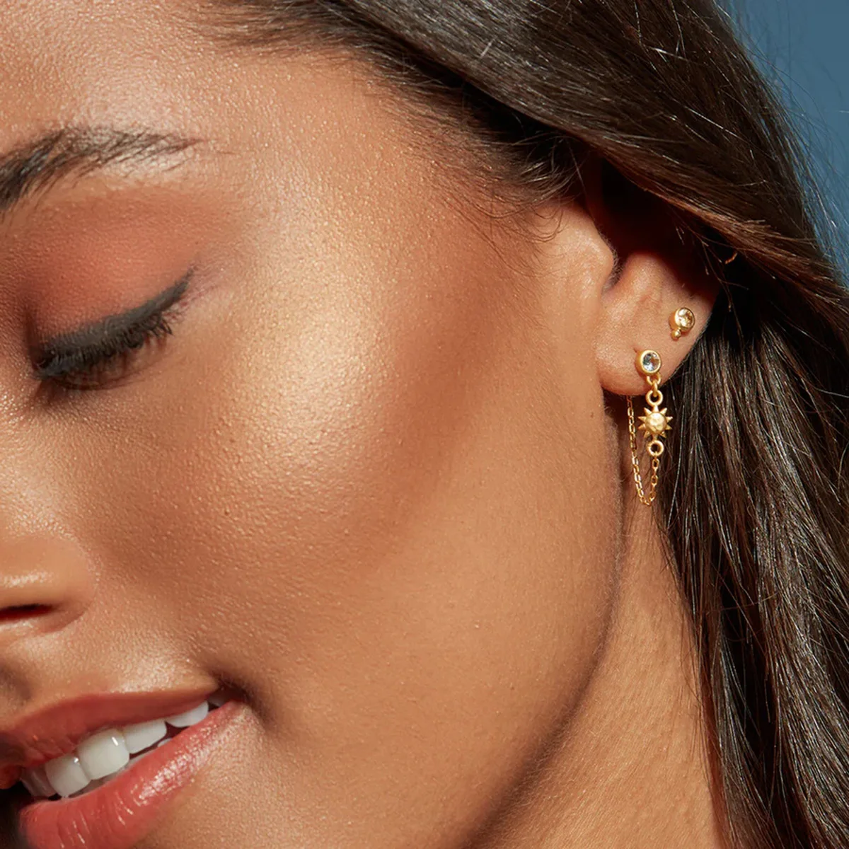 Vintage Personality Metal Long Chain Moon Sun Dangle Earrings Anti Allergic Small Thick Circle Zircon Ear Stud Hiphop Jewelry