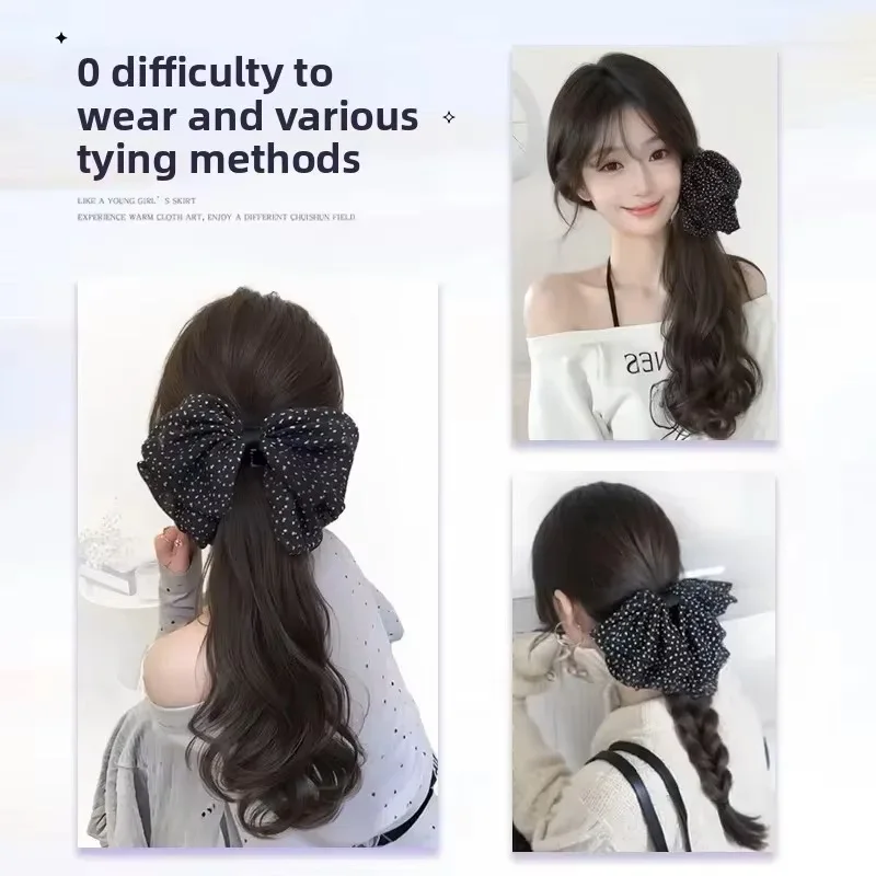 Body Wave Synthetic Claw Clip Ponytail Wig With Grab Clip Sweet Temperament Polka Dot Bow Ponytail Hairpiece For Daily Party Use