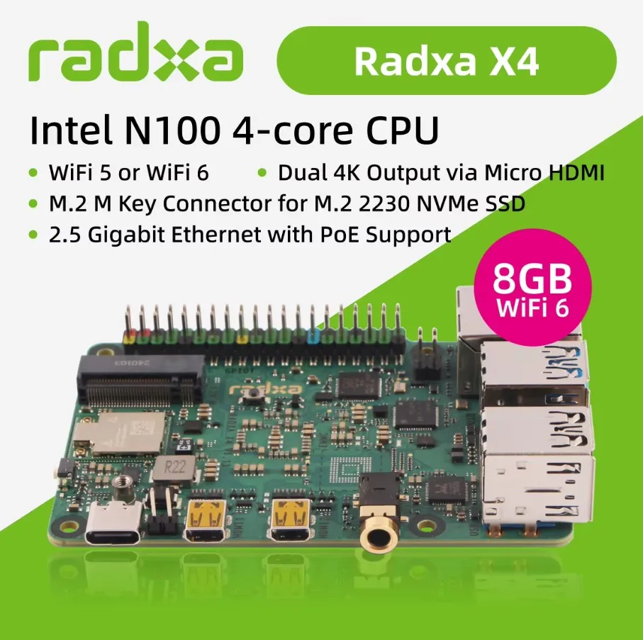 Radxa X4 Intel N100 PCIe 3.0 M.2 M Key WiFi 5/6 High-Performance SBC Dual 4K Output single board computer mini development board