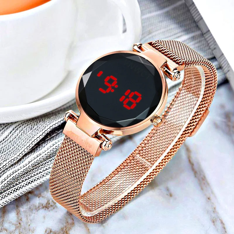 Luxury Digital Magnet Watches For Women Rose Gold LED Quartz Watch