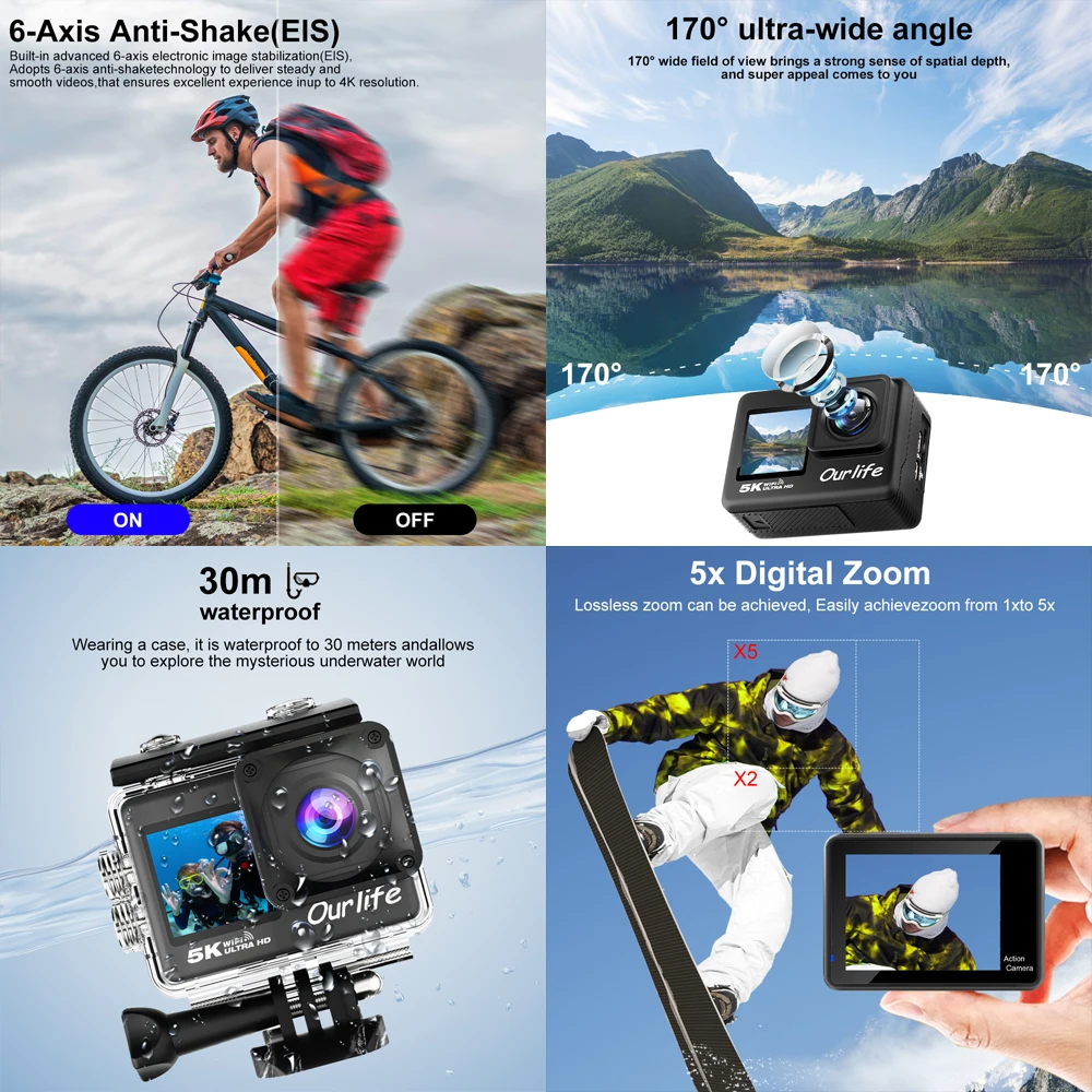 Action Camera 5K 4K60FPS EIS Wi-Fi Dual Screen 170D 2.0 Inch Touch Screen 30M Waterproof Sport Camera With Remote Control 3