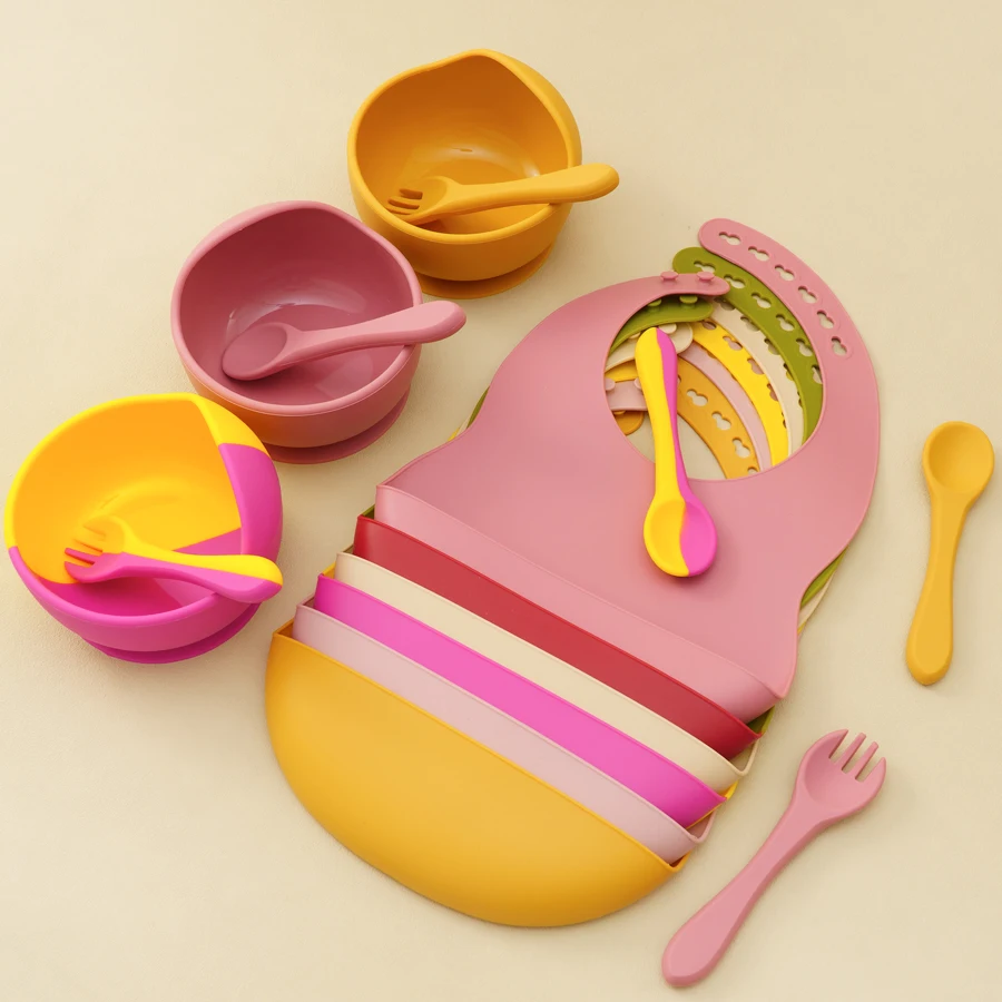 4PCS Baby Silicone Tableware 6-speed Adjustment Bib Suction Non-slip Bowl Feeding Training Spoon Fork Color Contrast Dinner Set 3
