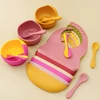 4PCS Baby Silicone Tableware 6-speed Adjustment Bib Suction Non-slip Bowl Feeding Training Spoon Fork Color Contrast Dinner Set 3