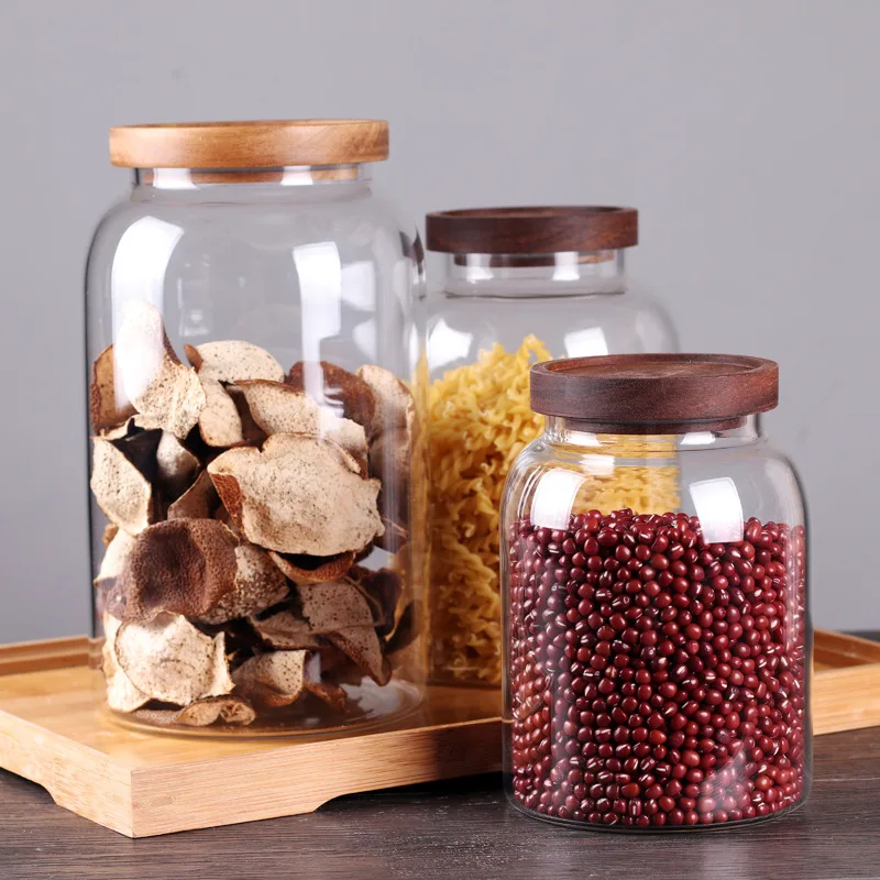 Airtight Glass Food Storage Container with Wood Lid Large Capacity