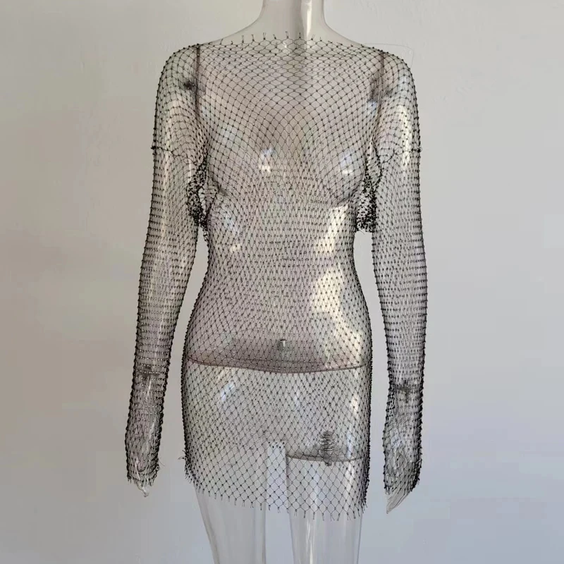 Sexy Netz-Minikleid mit Strasssteinen für Damen, glitzernd, durchsichtig, für den Sommer, Club, Party, figurbetont, Strand-Bikini-Vertuschung