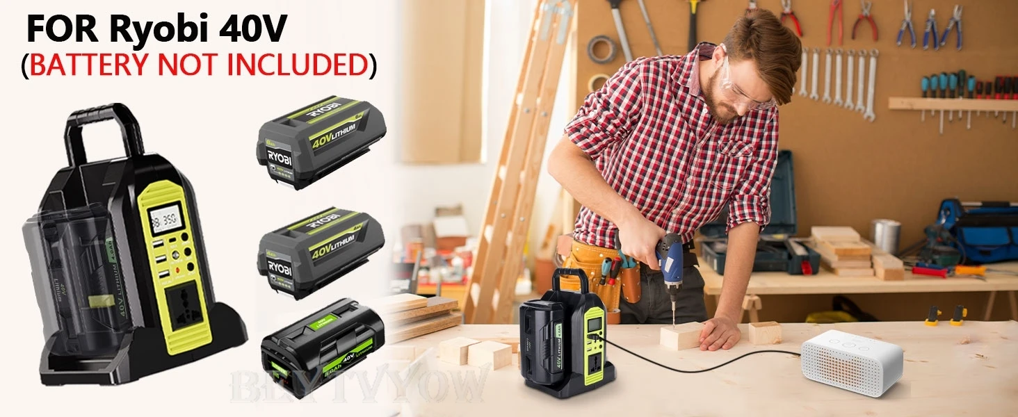 350W 2-Port Power Inverter for Ryobi 40V Battery DC 40V to AC 120V Pure Sine Wav