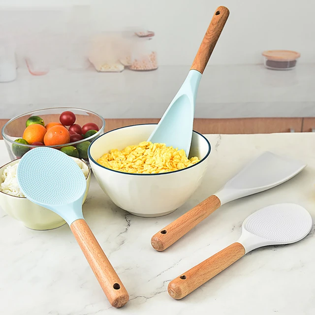 1set Nordic Style White Silicone & Wood Cooking Utensils Set