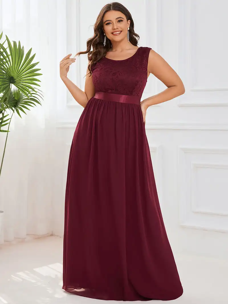 

Elegant Evening Dress O-Neck Sleeveless Hidden zipper Floor Length 2023 BAZIIINGAAA of Lace Chiffon Burgundy Bridesmaid Dress