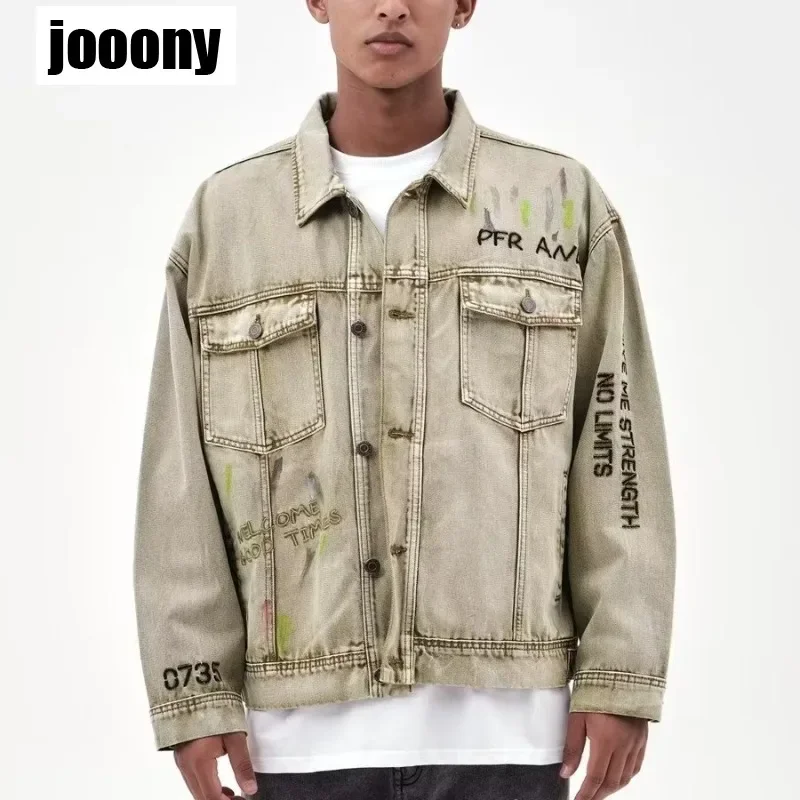 

Vintage Embroidered Denim Jacket Splash Ink Loose Jacket For Men American-style Washed Distressed Autumn Denim Jacket Streetwear