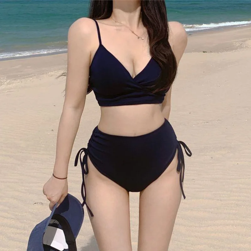 

New South Korean Solid Bikini Sexy Slim Cross Gathered High Waist Covering Belly Strap Wrapped Waist Split Swimwear Women