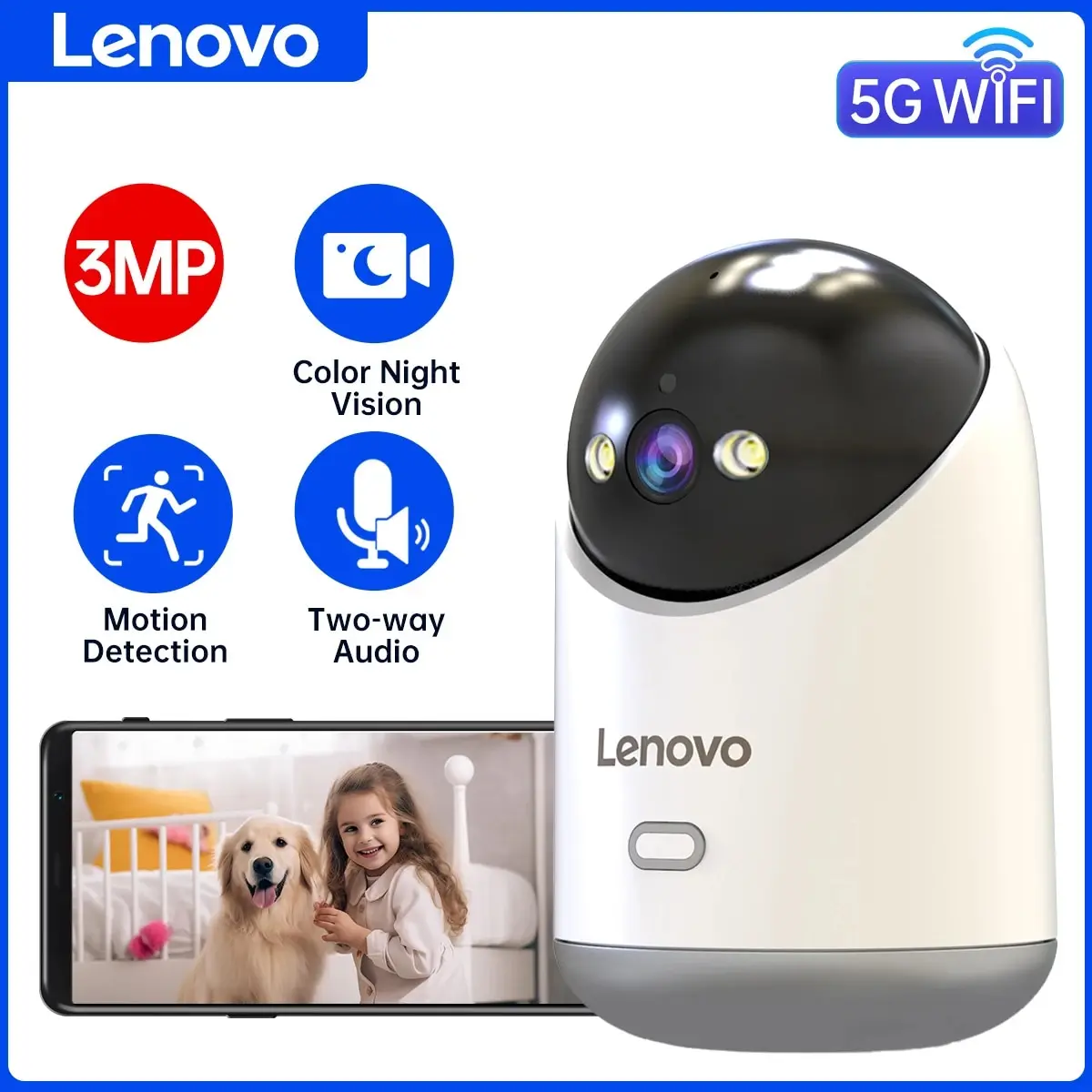 Lenovo 3MP 5G WiFi Smart Mini PTZ IP Camera Indoor Home Wireless Auto Tracking CCTV Surveillance Camera Security Baby Monitor