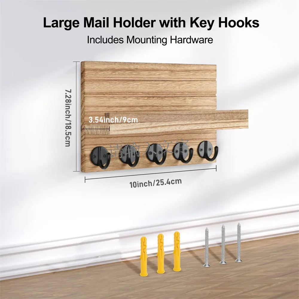 Key and Mail Holder Home Decor Wood Wall Organizer with 5 Hooks and Shelf for Bags Dog Leash Wall Decor for Living Room Entryway 5