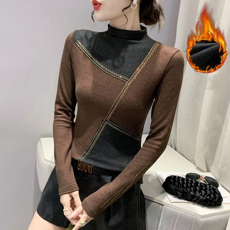 

Fall Winter European Clothes Pullover Warm T-Shirt Sexy Patchwork Color Blocking Women Tops Long Sleeve With Fleece Tees 1123