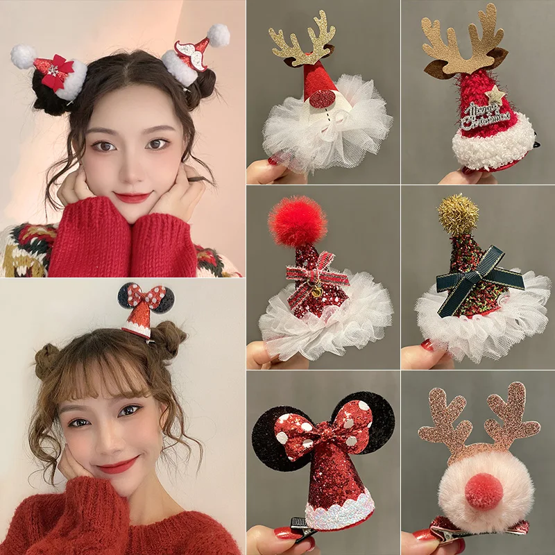 Hair Clips Hair Accessories Christmas Hair Clip Children's Deer Red Bow Hairpin New Year Hair Clip Christmas Hat Accessory Gift Photo Props